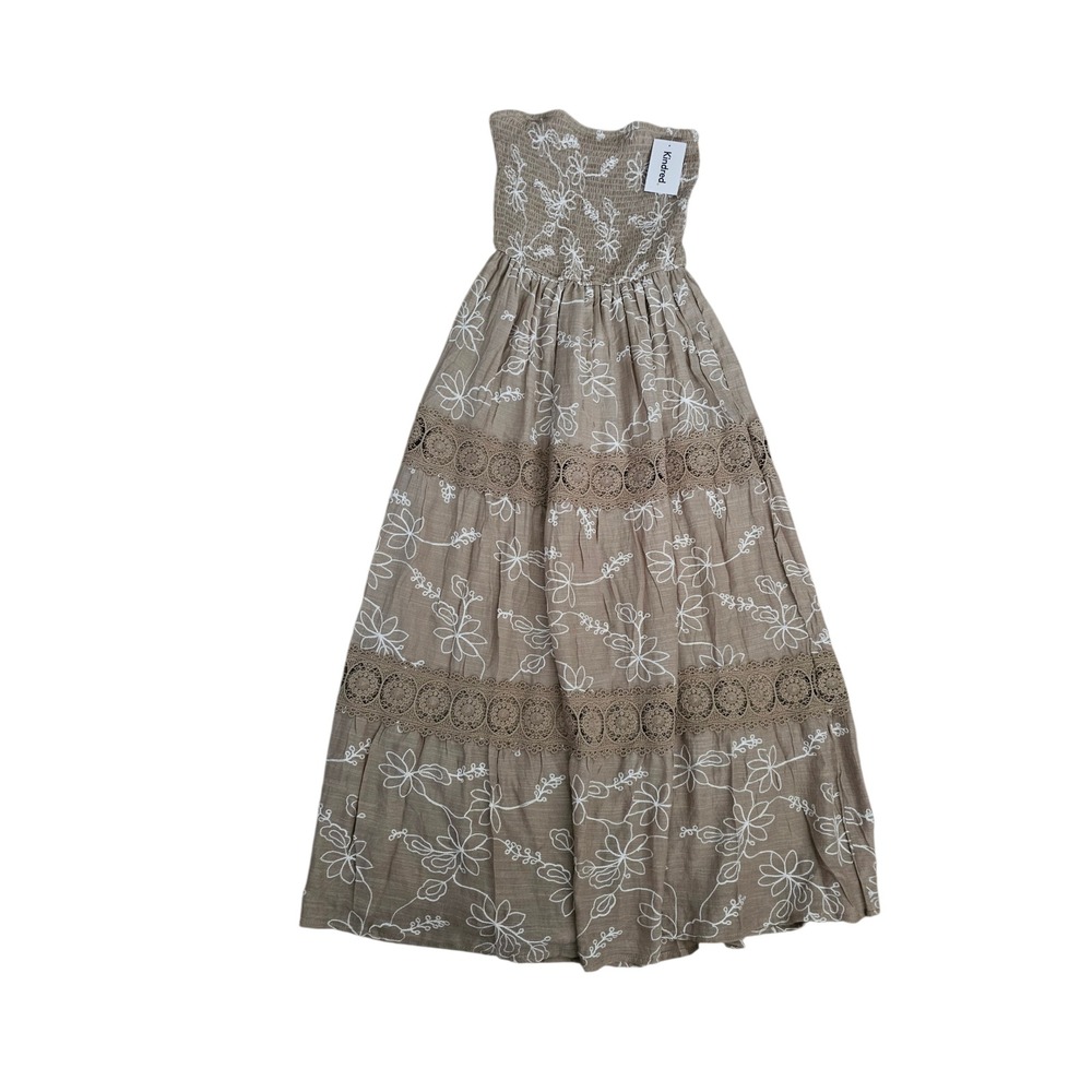 Kindred Strapless Maxi Dress Brown Floral Embroidered Smocked Tiered Boho Large